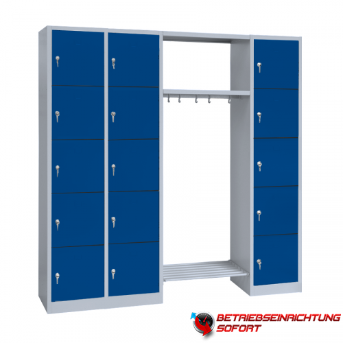 Stahl-Schließfach-Garderobe -15 Fächer stabile Stahlblechkonstruktion, rechts 5 Fächer, links 10 Fächer, 1 Mittelteil mit Kleiderstange 1000 mm breit,