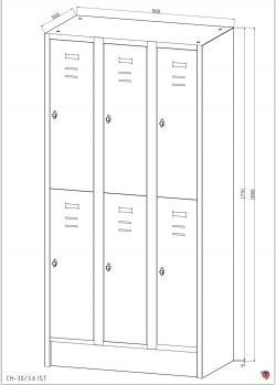 Stahl-Fächer-Schrank 3 Abteile, 2 Fächer übereinander, auf Sockel. Anzahl der Fächer: 6, Abteilbreite 300 mm