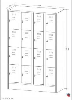 Stahl-Fächer-Schrank - 4 Abteile, 4 Fächer übereinander, auf Sockel. Anzahl der Fächer: 16 Fächer ohne Inneneinteilung. Abteilbreite 300 mm. Sofort lieferbar!