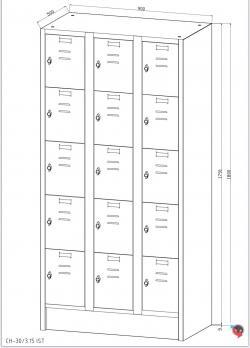 Stahl-Fächer-Schrank - 3 Abteile, 5 Fächer übereinander, auf Sockel. Anzahl der Fächer: 15 Fächer ohne Inneneinteilung. Abteilbreite 300 mm. Sofort lieferbar!